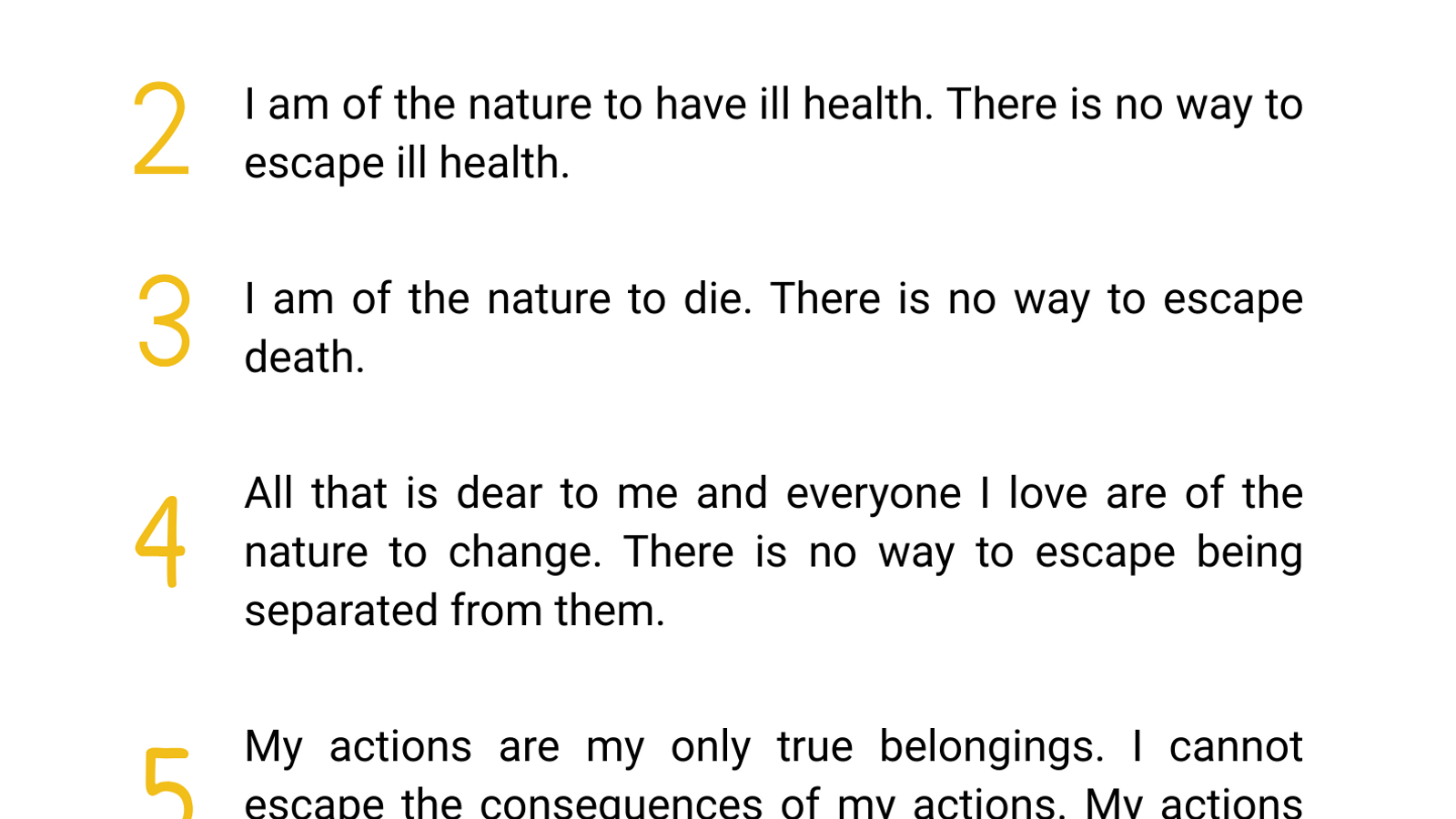 Text of "The Five Remembrances" with green leaf borders. Numbered reflections on ageing, illness, death, change, and actions from Anguttara Nikaya.
