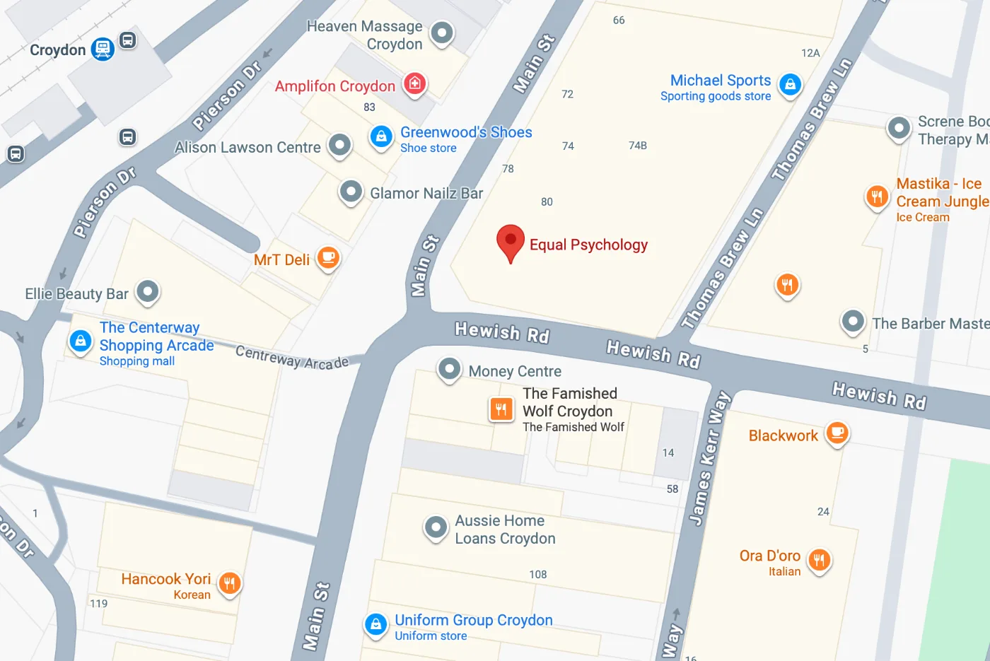 Map showing Equal Psychology Croydon location at Croydon Medical Centre