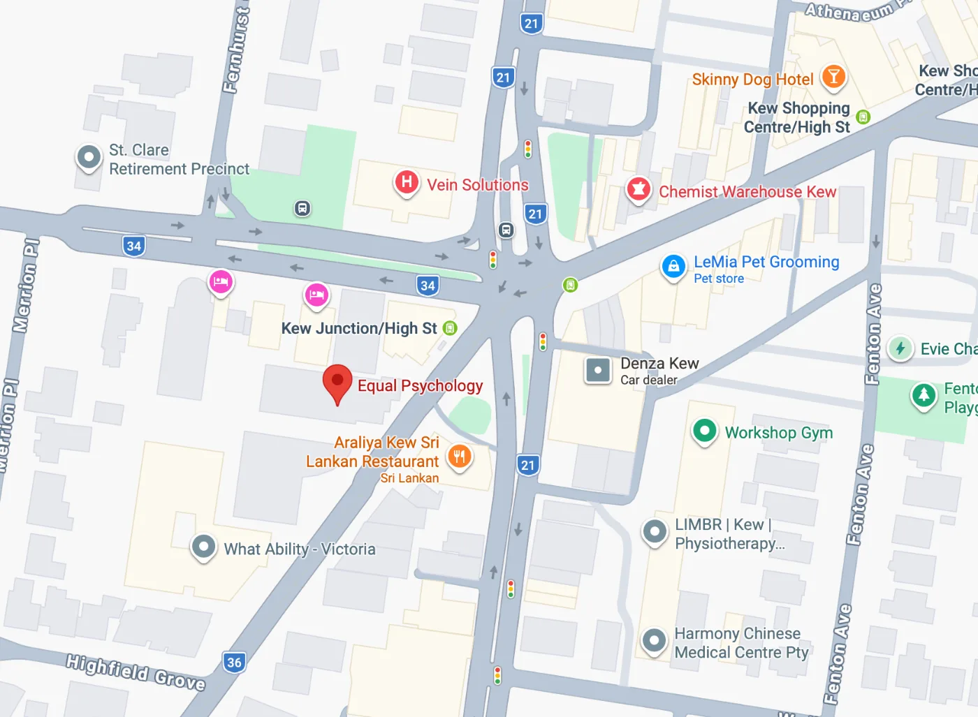 Map showing Equal Psychology Kew location at Kew Junction