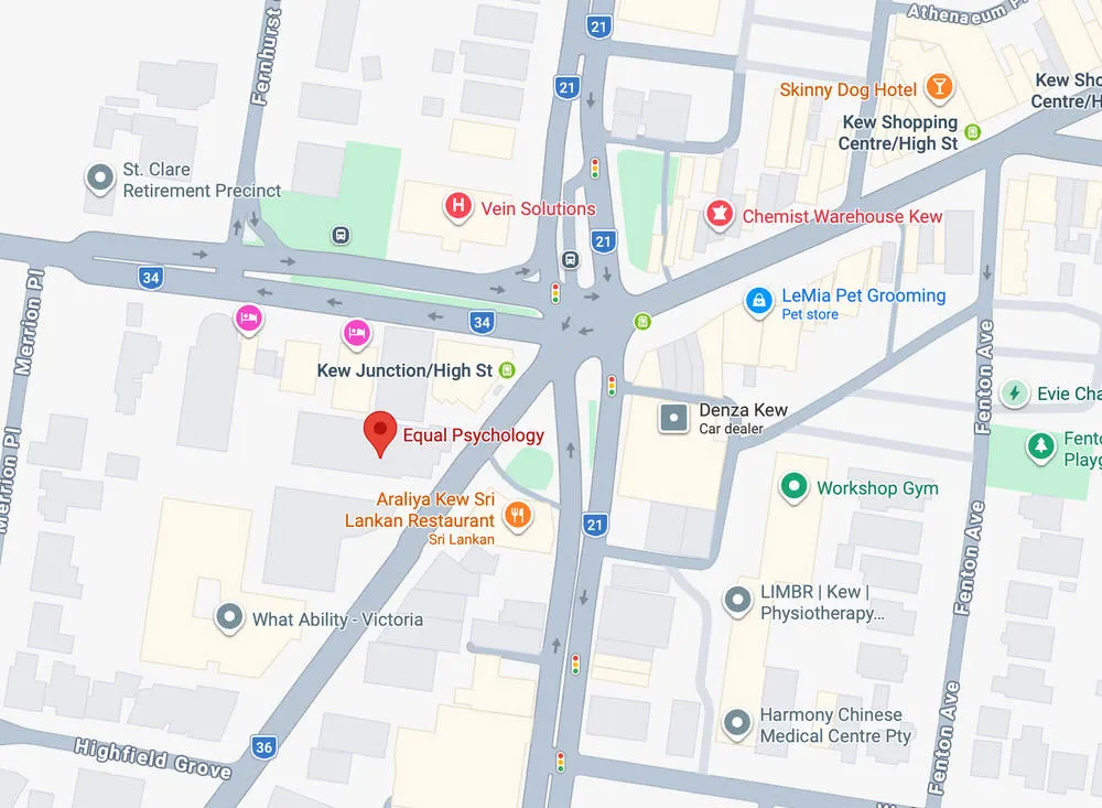 Map showing Equal Psychology Kew at Suite 413, 89-93 High St, Kew VIC 3101