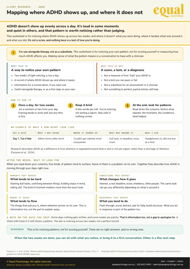 Page 1 of the worksheet Mapping where ADHD shows up, and where it does not