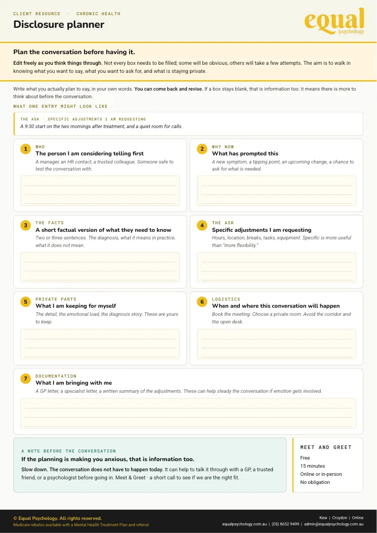 Page 2 of the worksheet Disclosure planner, the part you fill in