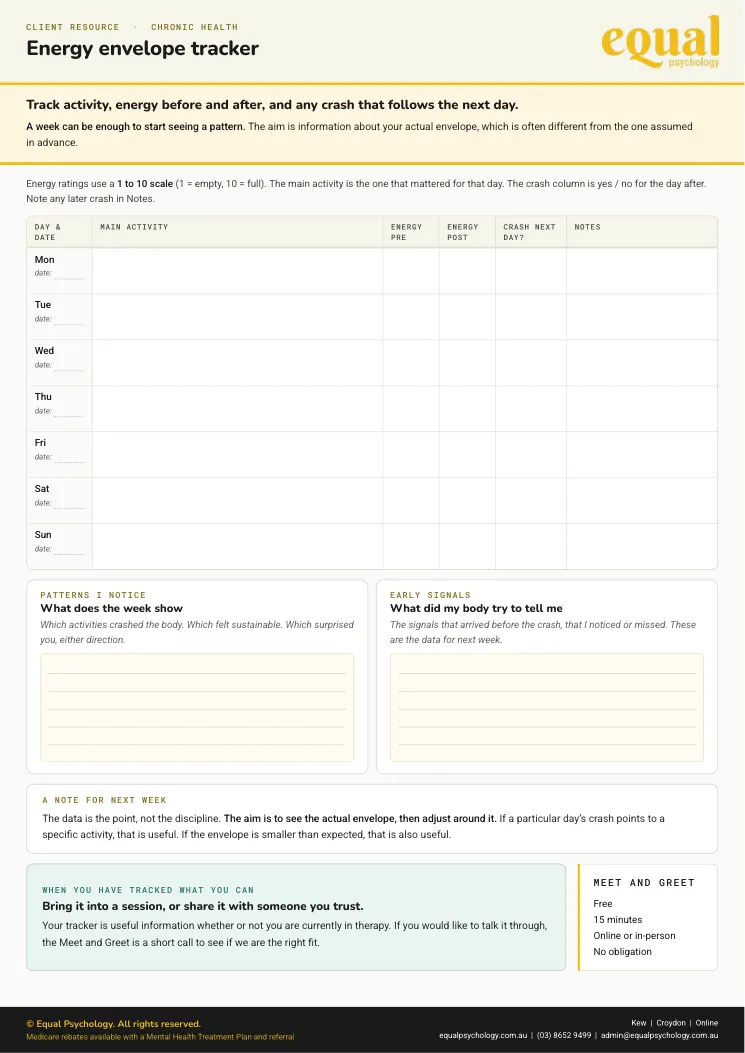 Page 2 of the worksheet Energy envelope tracker, the part you fill in