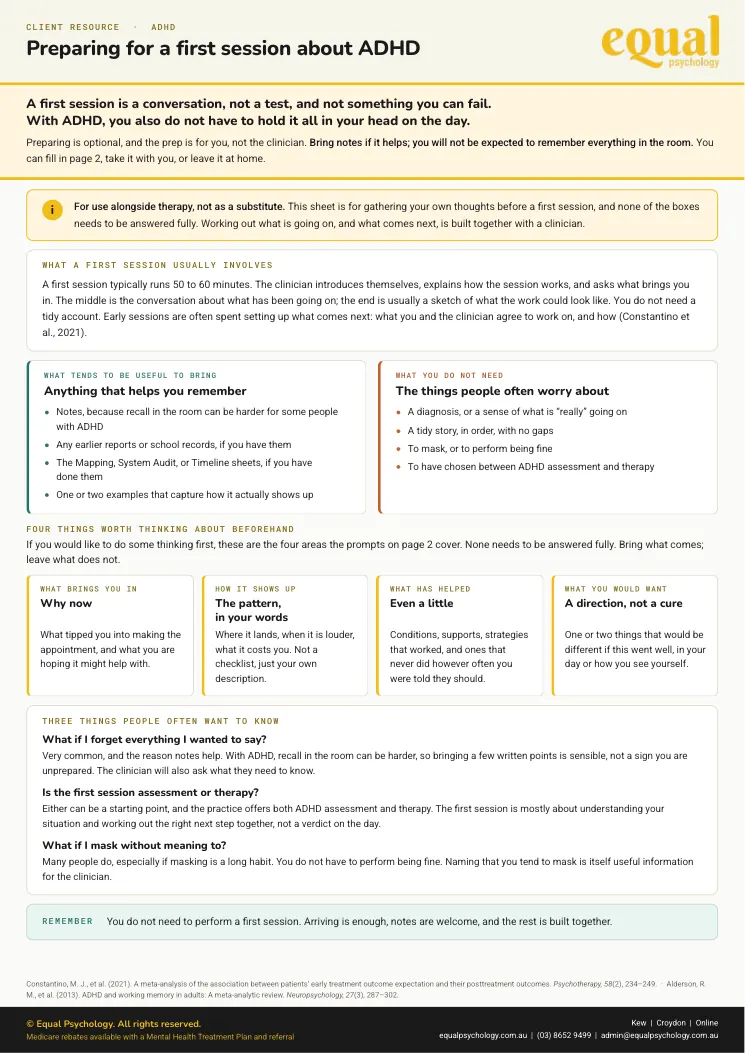 Page 1 of the worksheet Preparing for a first session about ADHD
