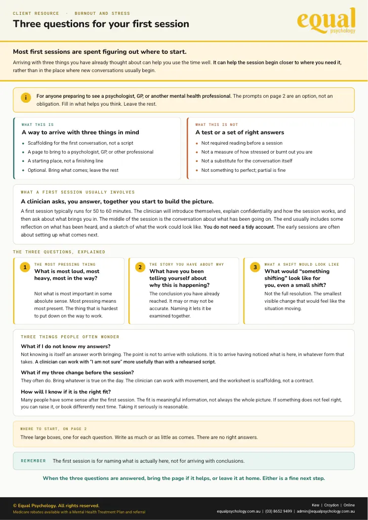 Page 1 of the worksheet Three questions for your first session