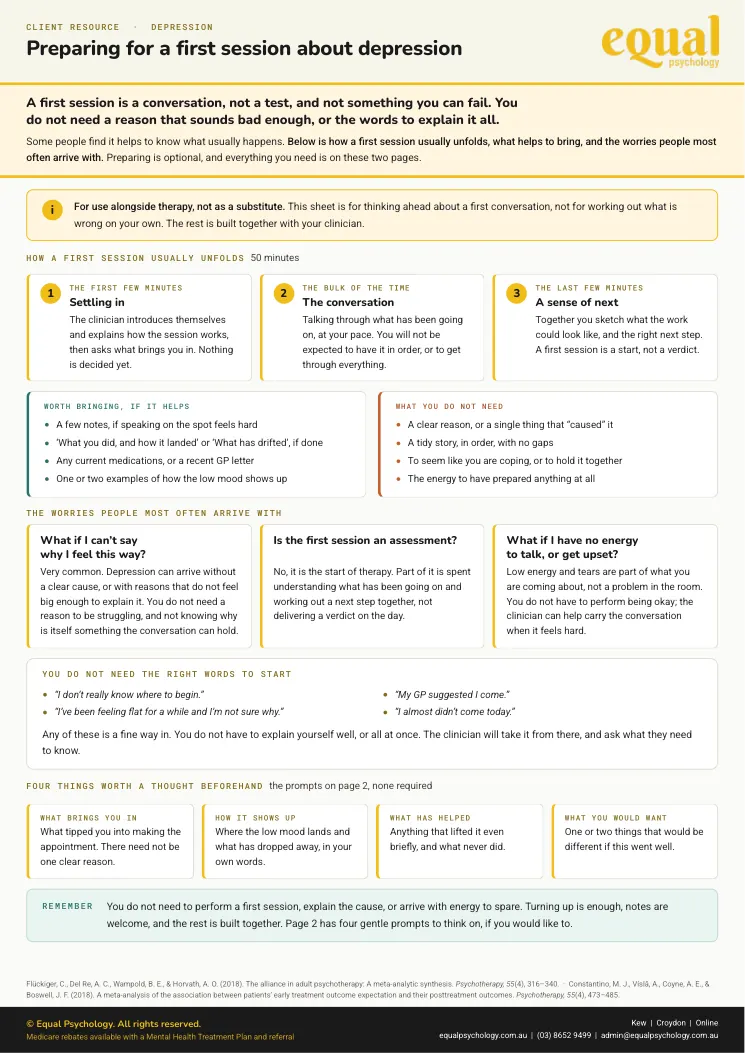 Page 1 of the worksheet Preparing for a first session about depression