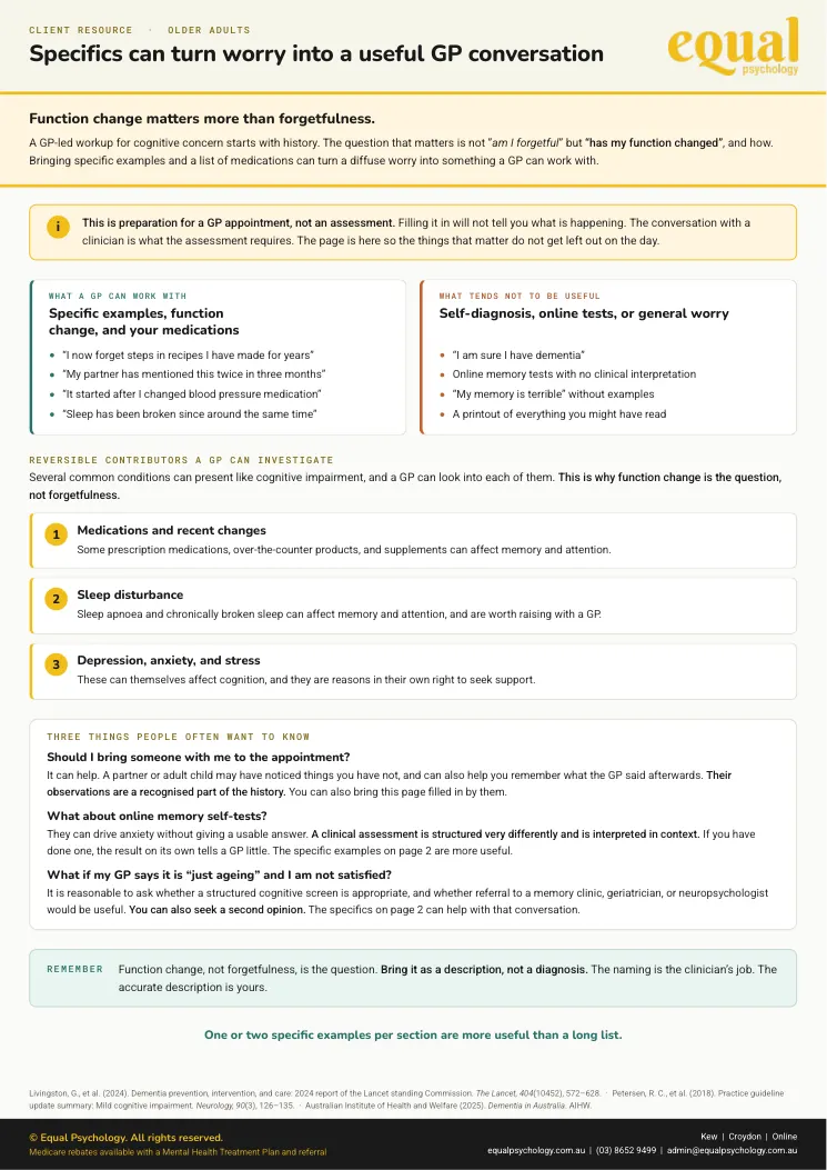 Page 1 of the worksheet Memory and function notes for your GP