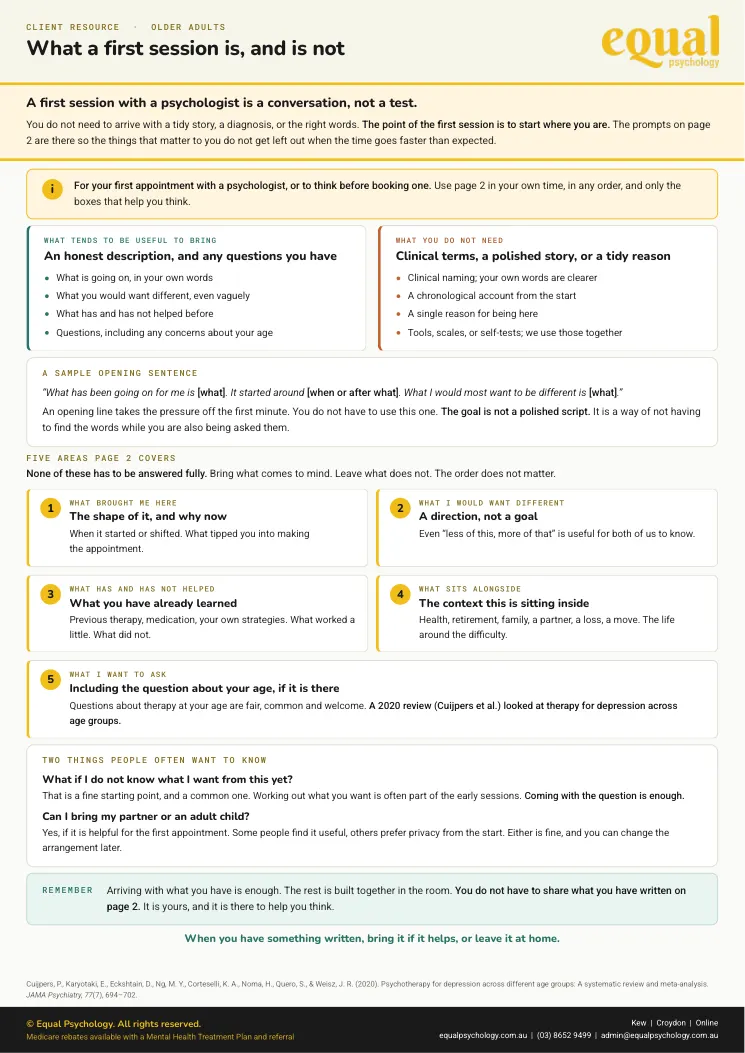 Page 1 of the worksheet First session prep, for later life