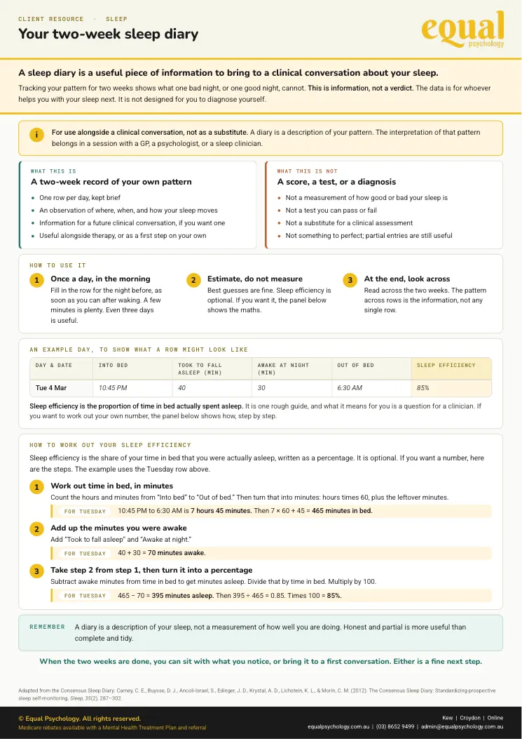 Page 1 of the worksheet Your two-week sleep diary