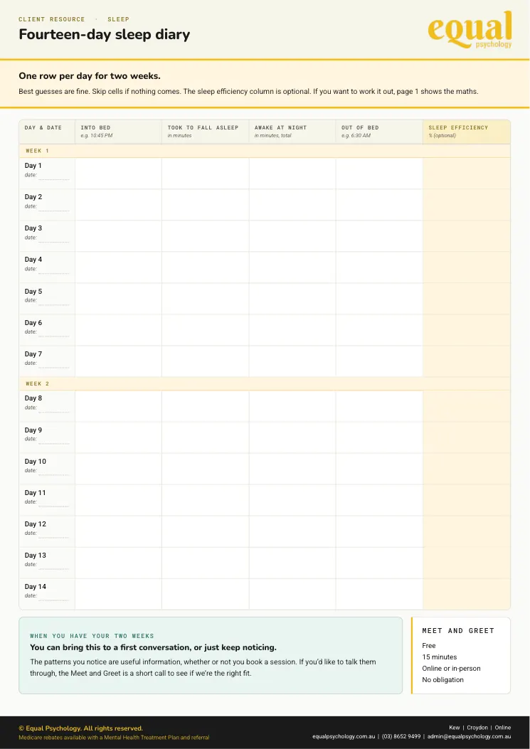 Page 2 of the worksheet Your two-week sleep diary, the part you fill in