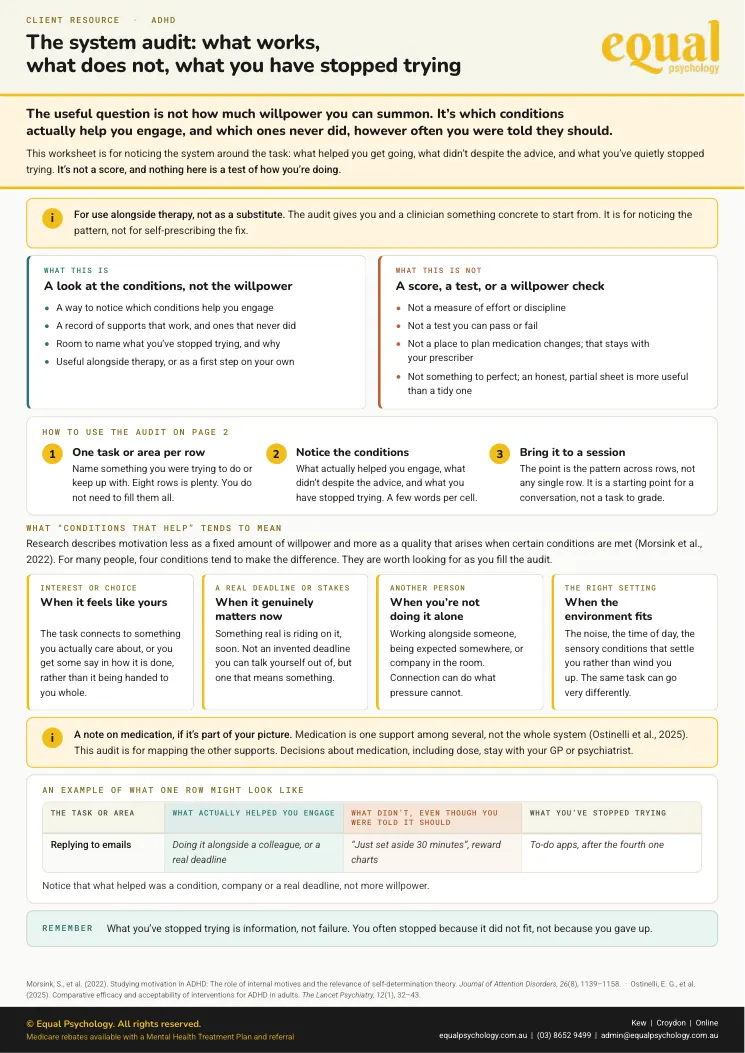 Page 1 of the worksheet The system audit: what works, what does not, what you have stopped trying