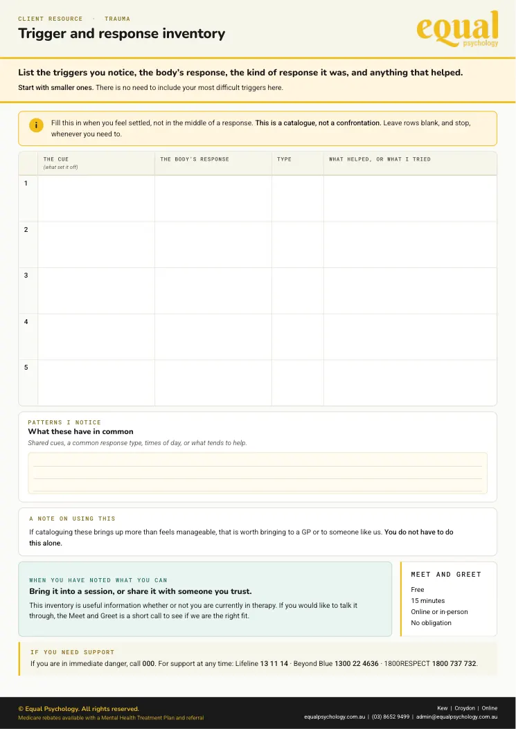 Page 2 of the worksheet Trigger and response inventory, the part you fill in