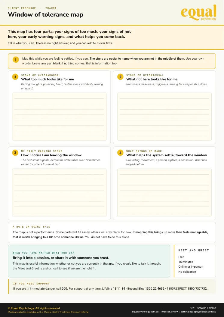 Page 2 of the worksheet Window of tolerance map, the part you fill in
